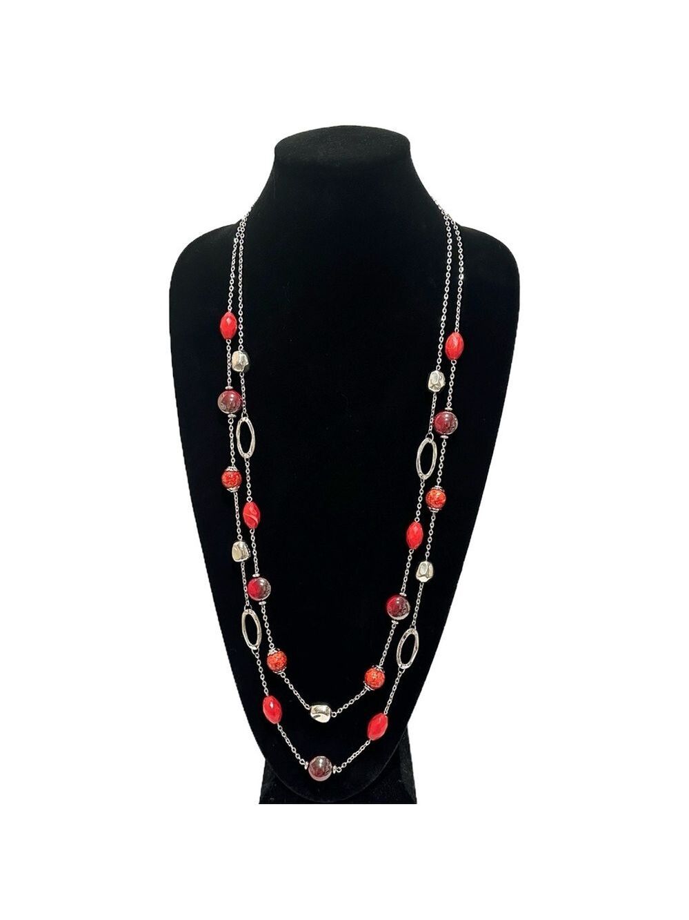 CHICO’s Crisp Cherry Red Beaded Silver-Tone Layered Long Station Necklace | NEW